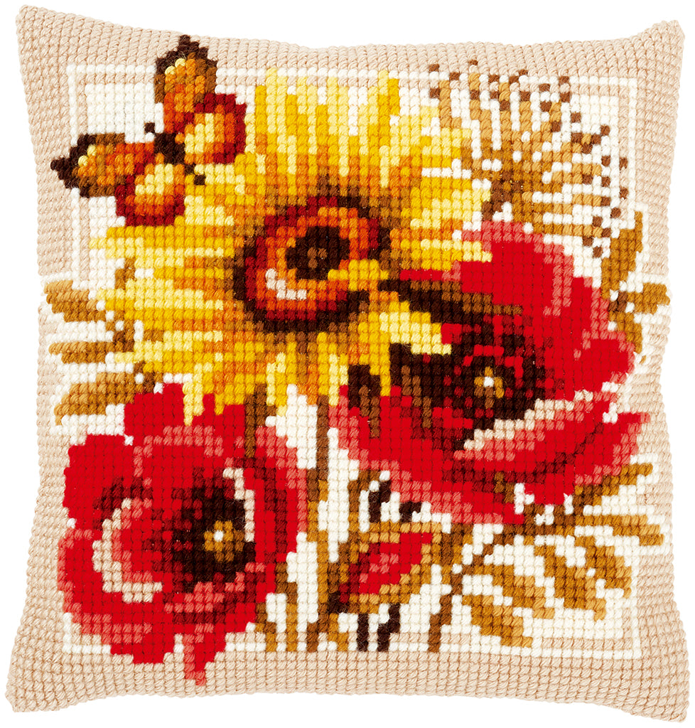VERVACO CROSS STITCH CUSHION KIT POPPIES AND SUNFLOWERS (PN-0156043)