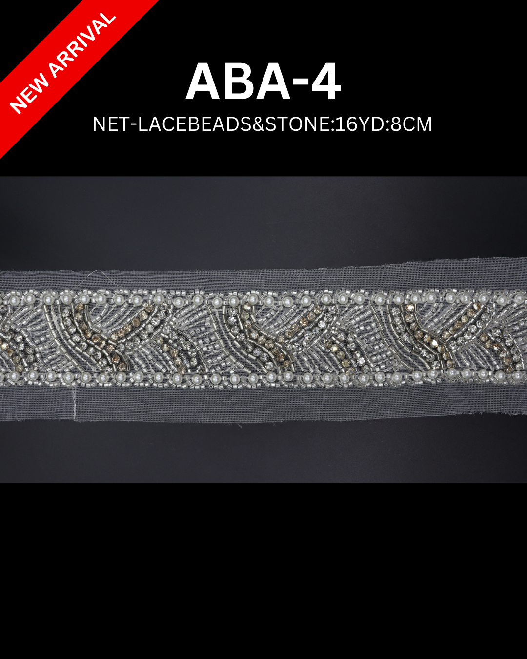 Luxury Beaded Stone Lace Trim – 8cmx 16 Yards Structured Design (ABA-4 )