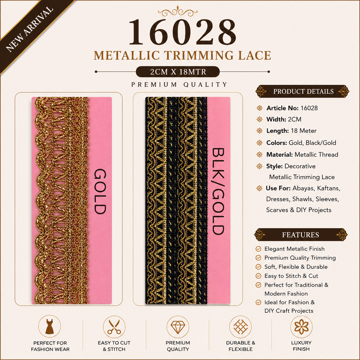 Metallic Trimming Lace – 2CM x 18M (16028)