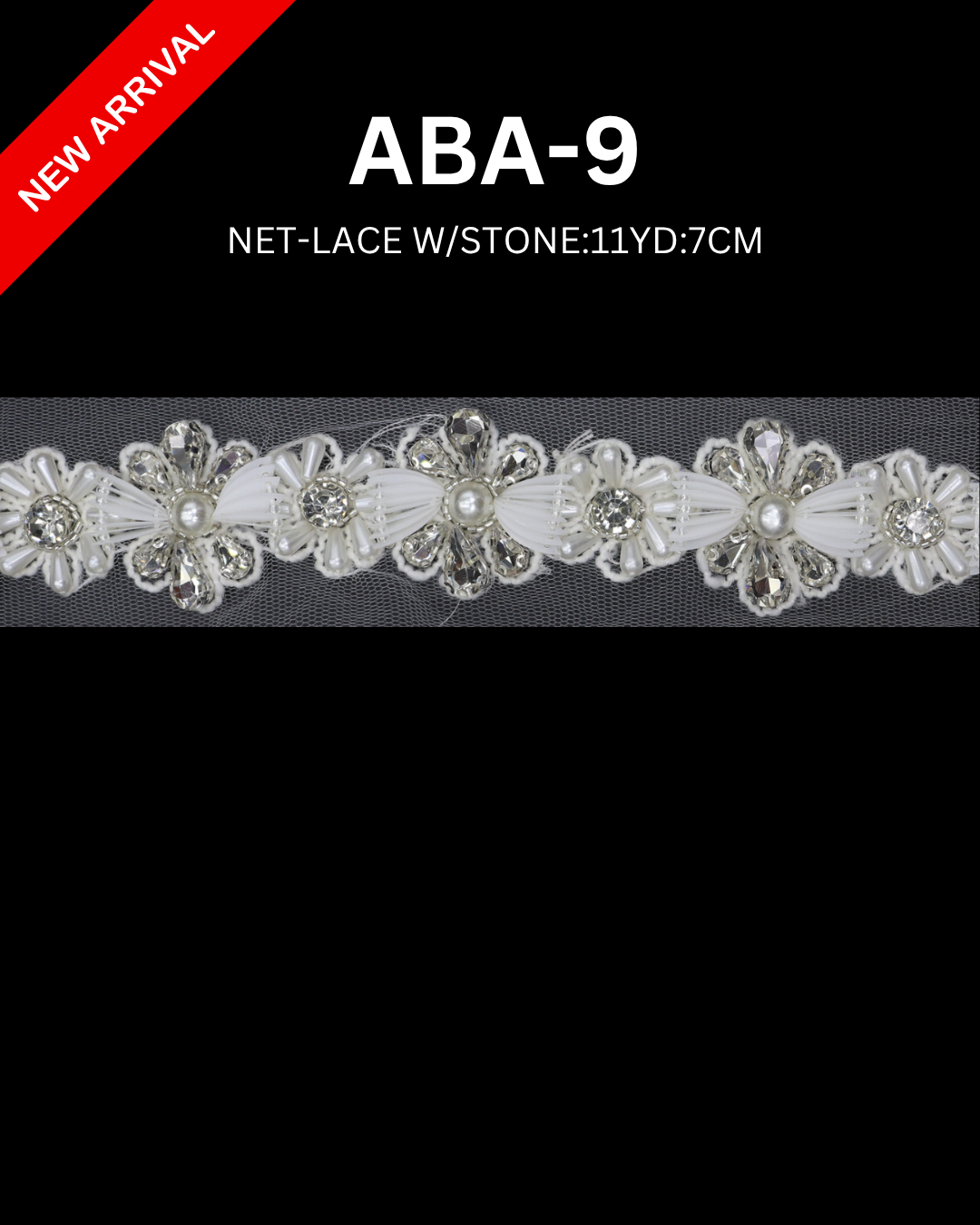 Luxury Beaded Stone Lace Trim 7cm x 11 Yards | Floral Crystal Design – ABA-9