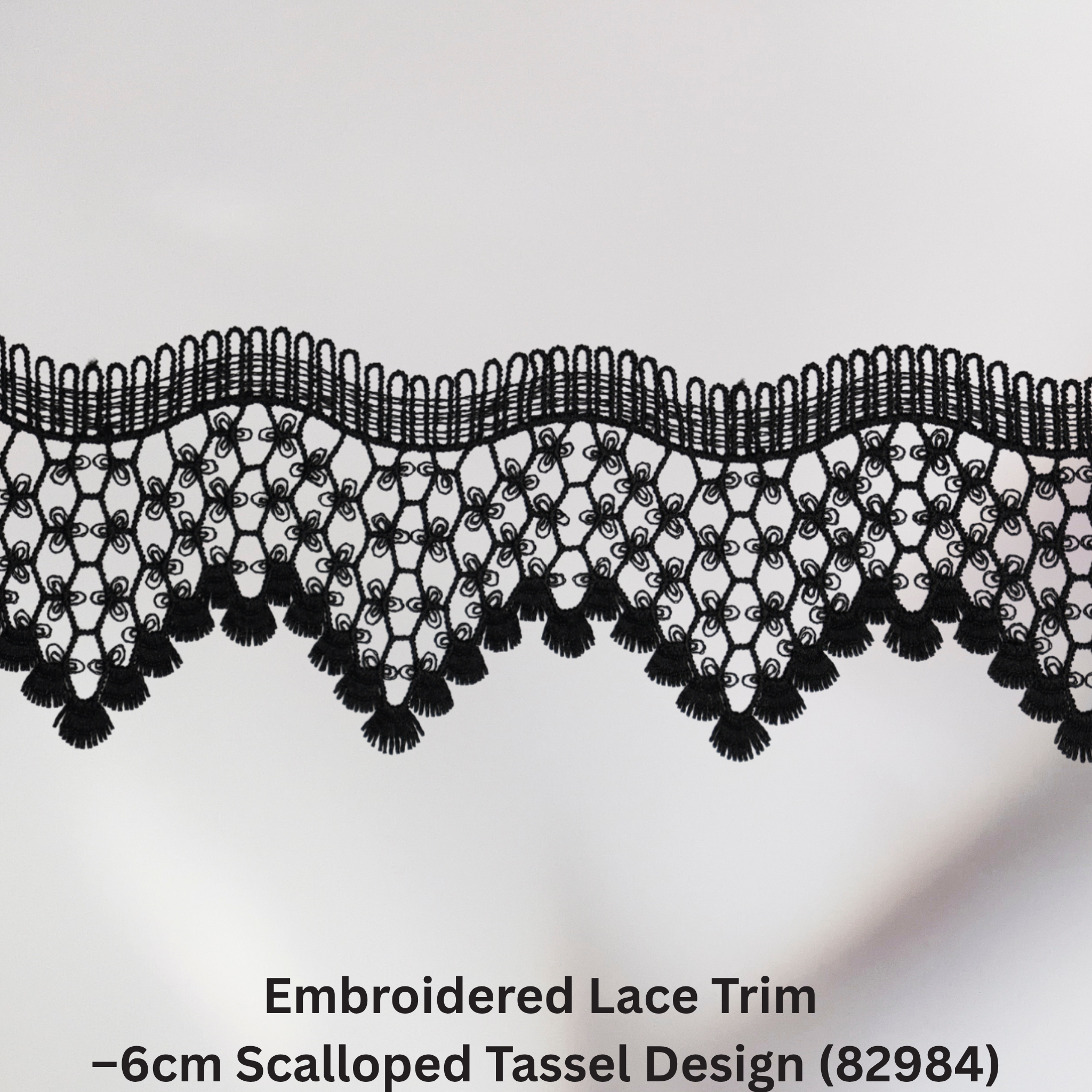 Embroidered Lace Trim – 6cm Scalloped Tassel Design (82984)