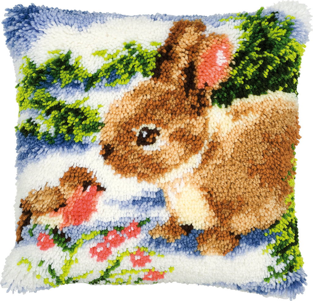 VERVACO LATCH HOOK CUSHION – BUNNY W/BIRD IN THE SNOW (PN-0014136)