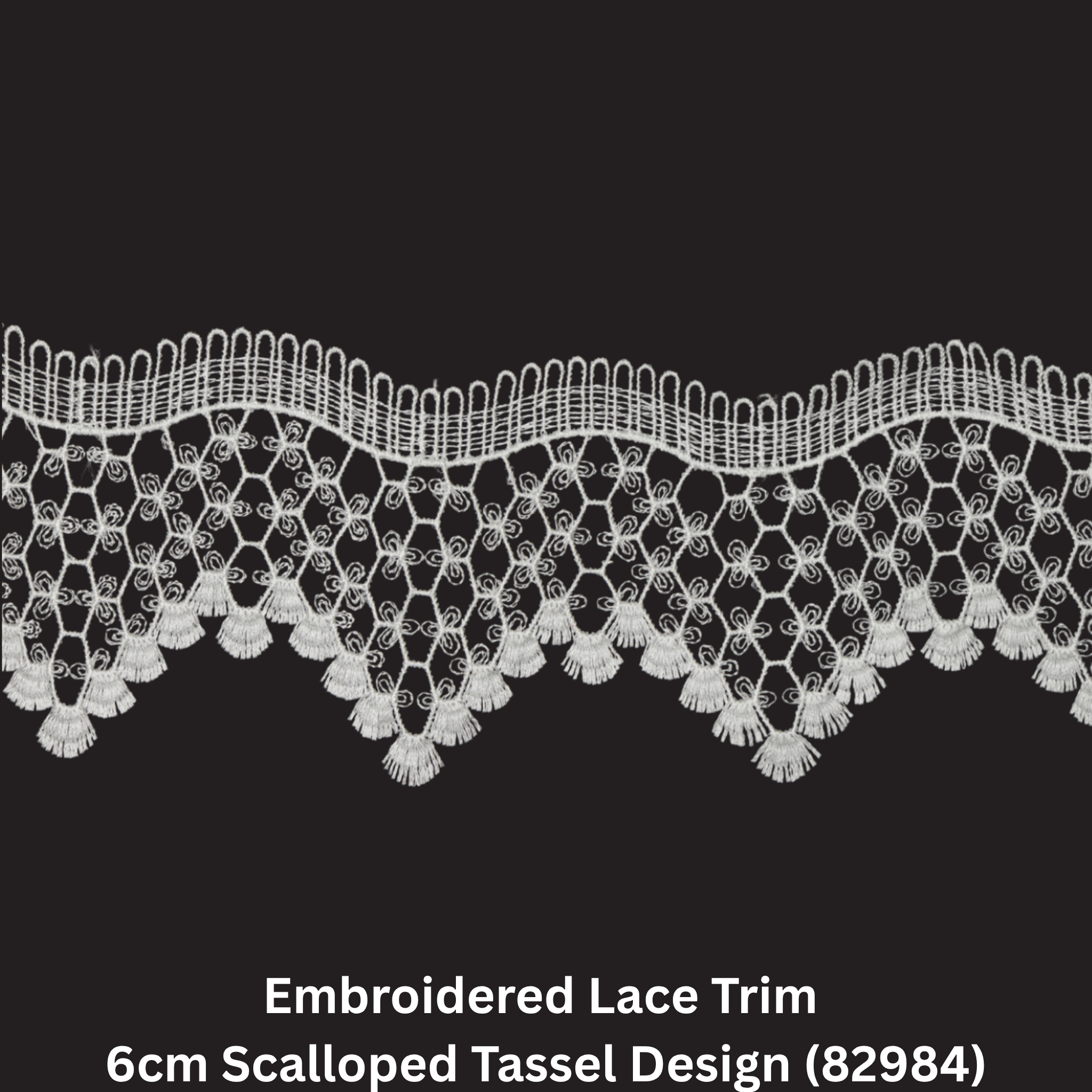 Embroidered Lace Trim – 6cm Scalloped Tassel Design (82984)