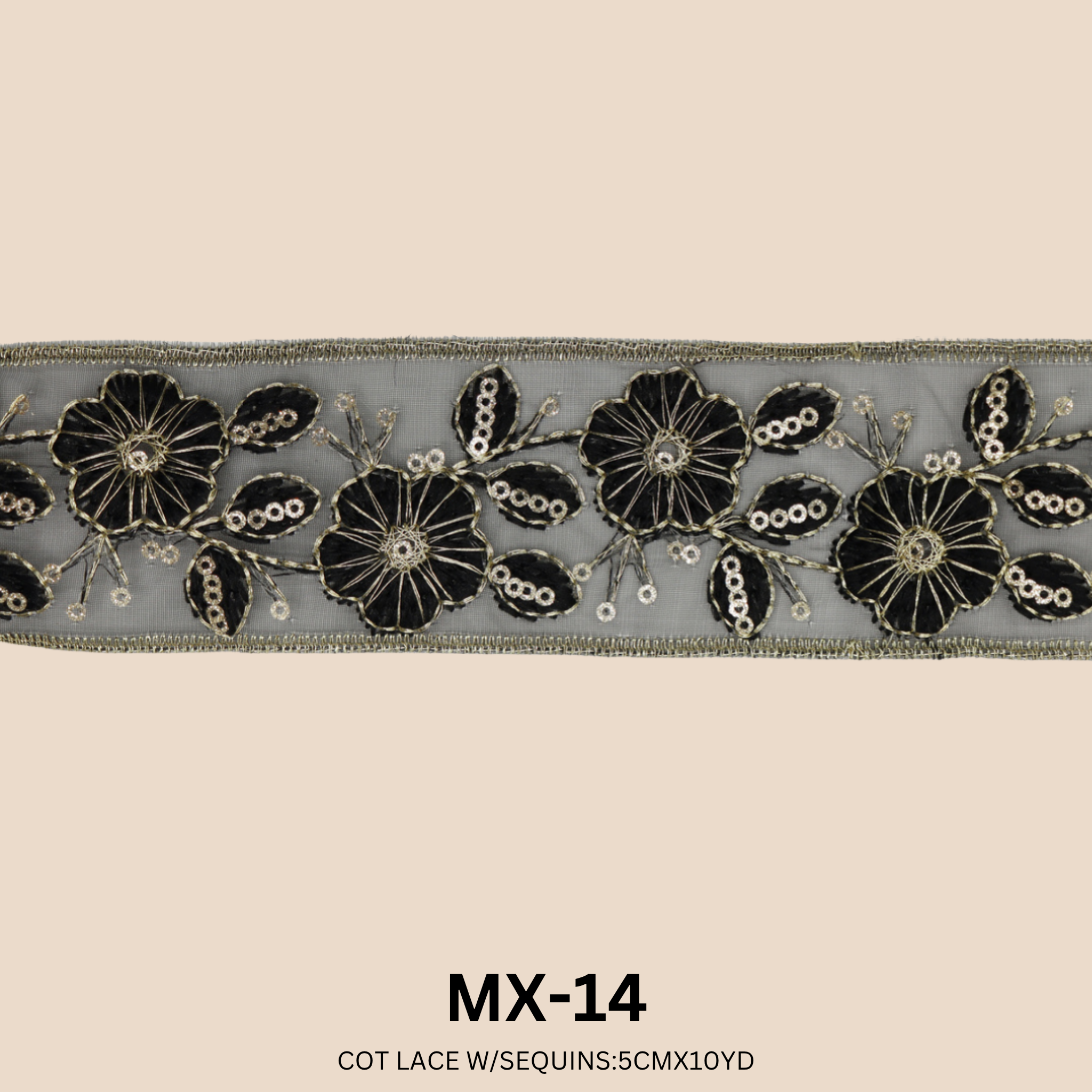 MX-14 Cotton Lace with Sequins Trim – 5CM x 10Y