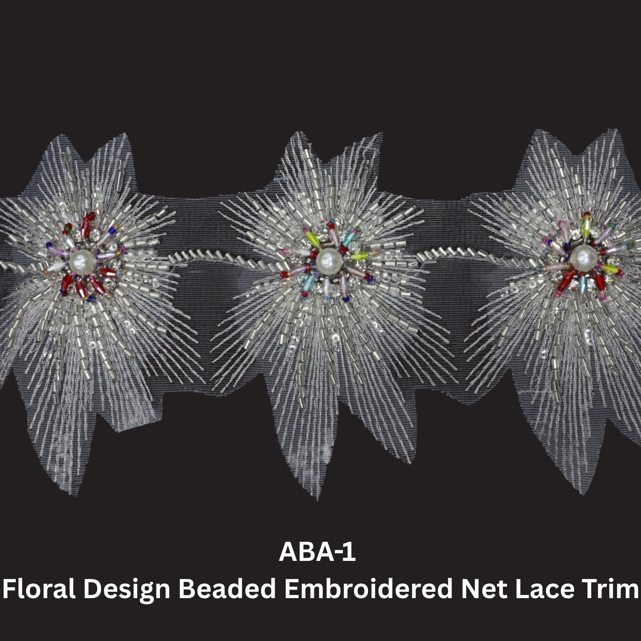 Floral Design Beaded Embroidered Net Lace Trim– 13cmx5Y  ( ABA-1 )