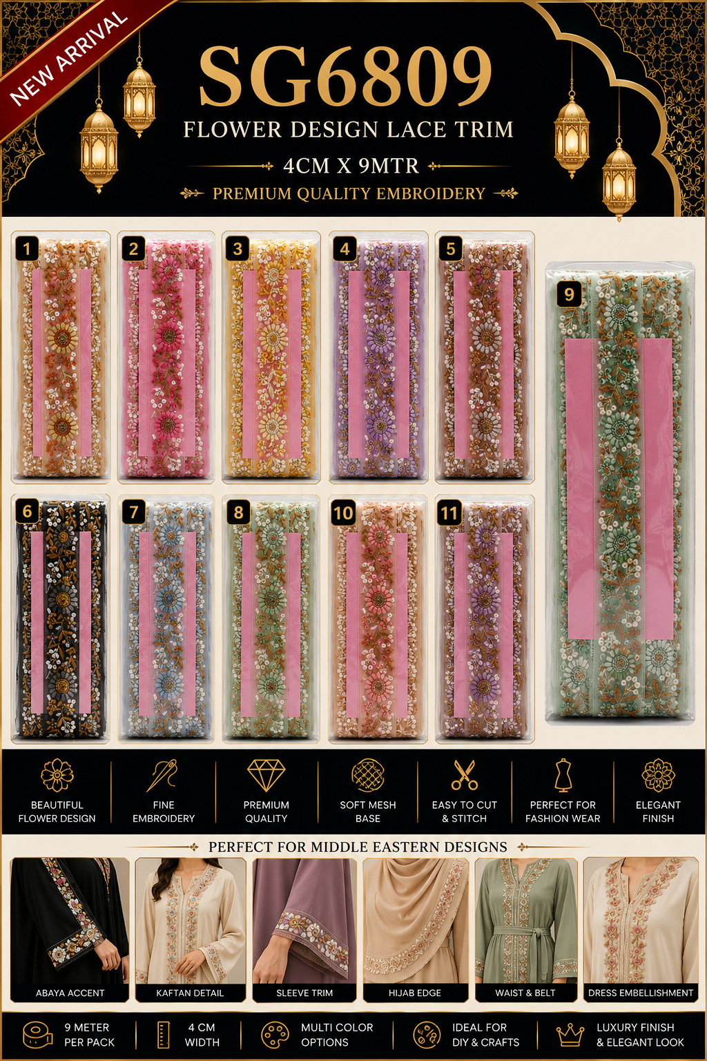 Premium Floral Embroidery Lace Trim – 4CM x 9MTR SG6809 (SG 6809)