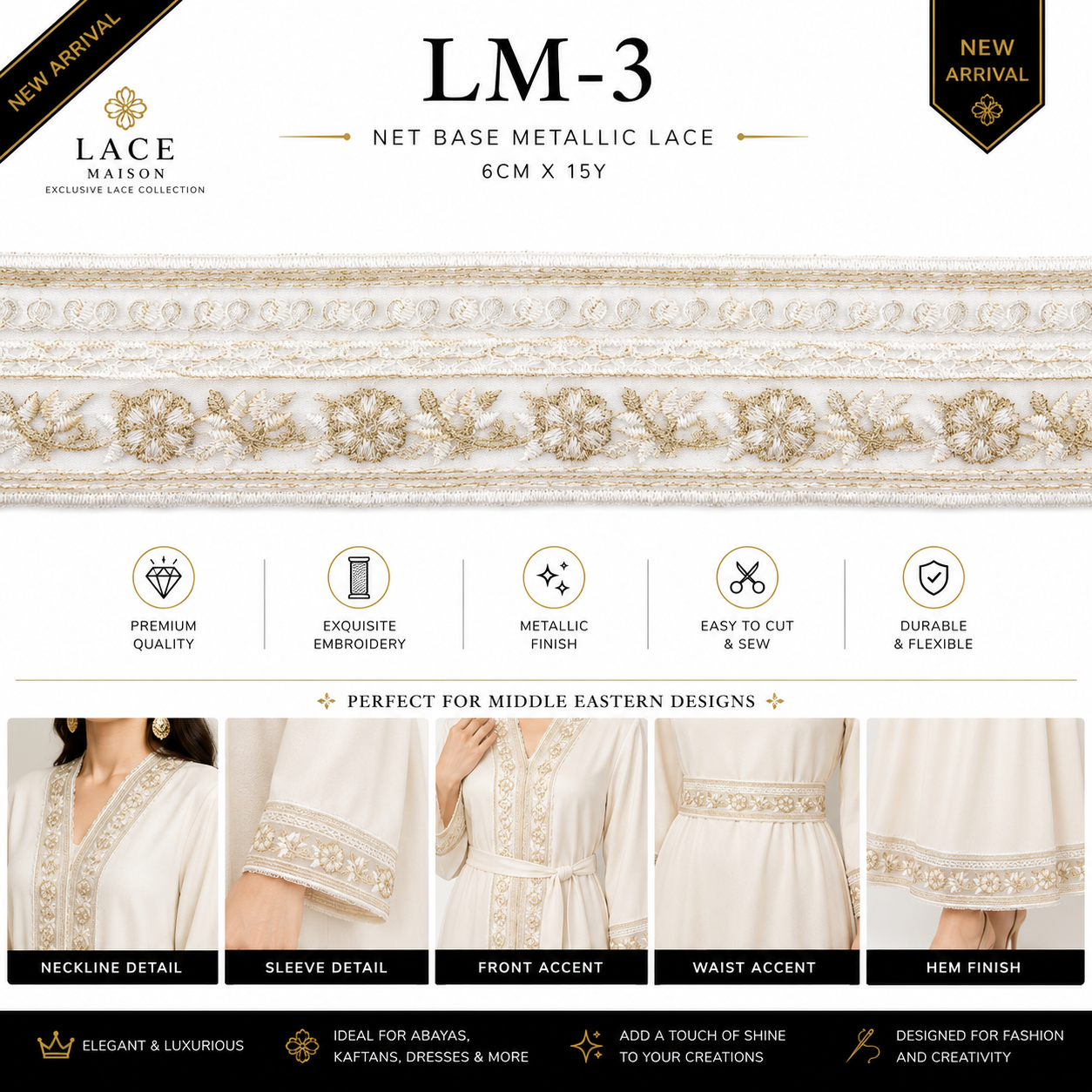 Luxury Net Base Metallic Lace Trim 6cm x 15 Yards | Floral Embroidery Design – LM-3