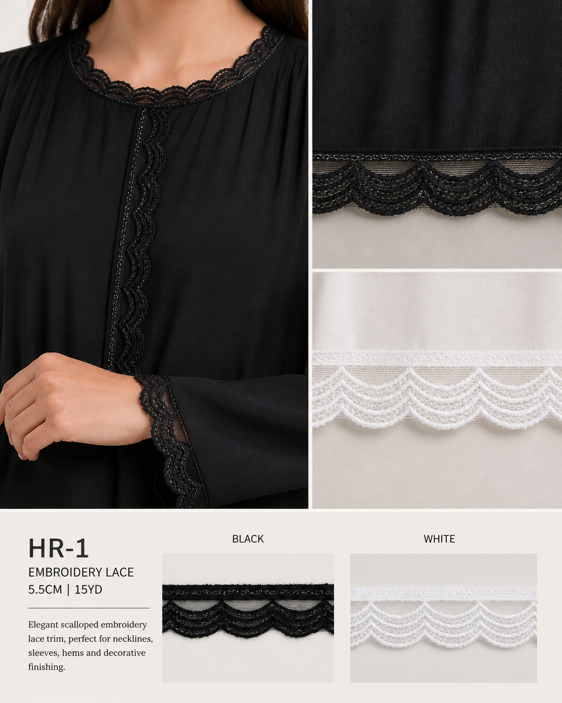 Luxury Embroidery Lace Trim 5.5cm x 15 Yards | Scalloped Design – HR-1