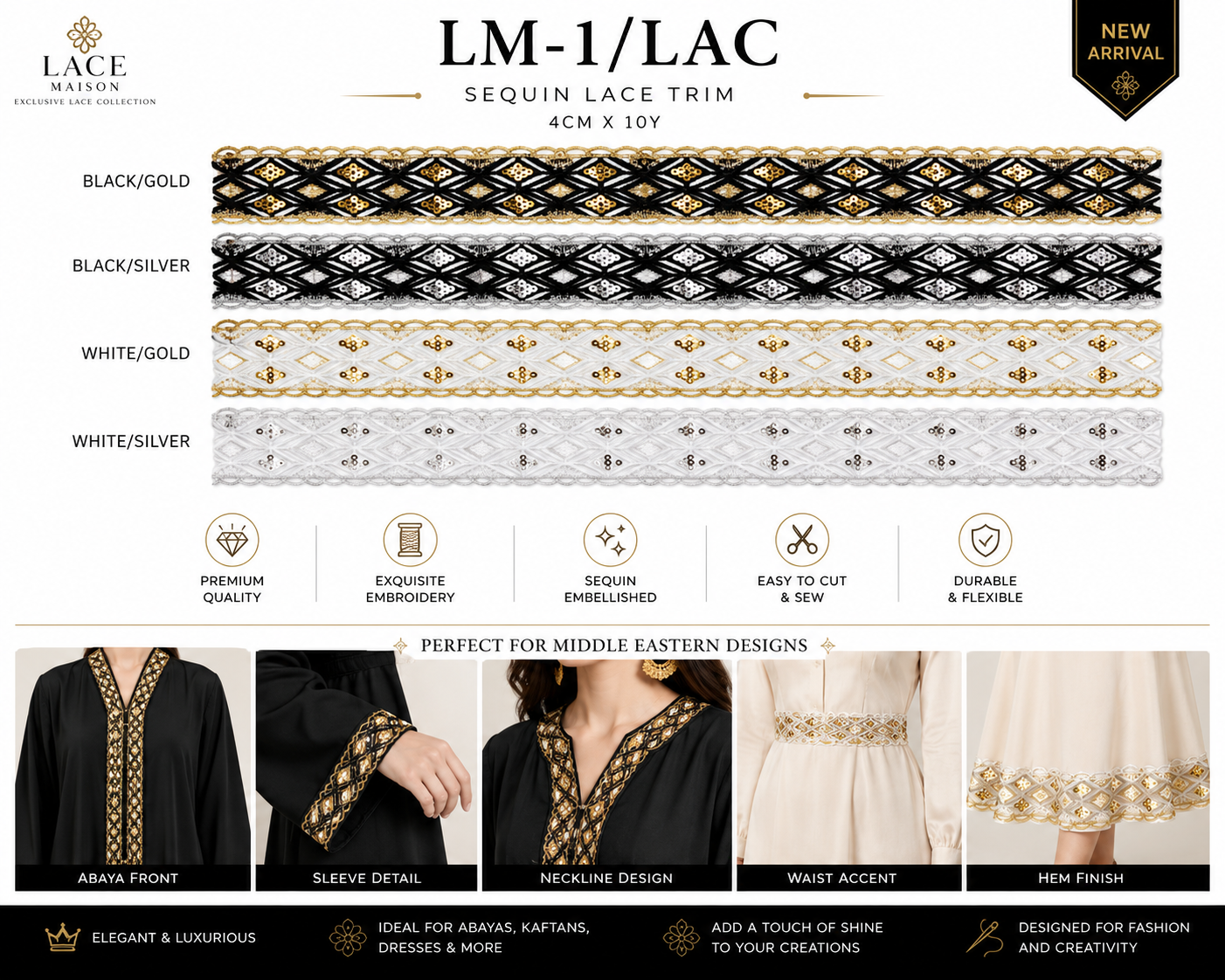 Luxury Sequin Lace Trim 4 Colorways | 4cm x 10 Yards Geometric Design – LM-1/LAC