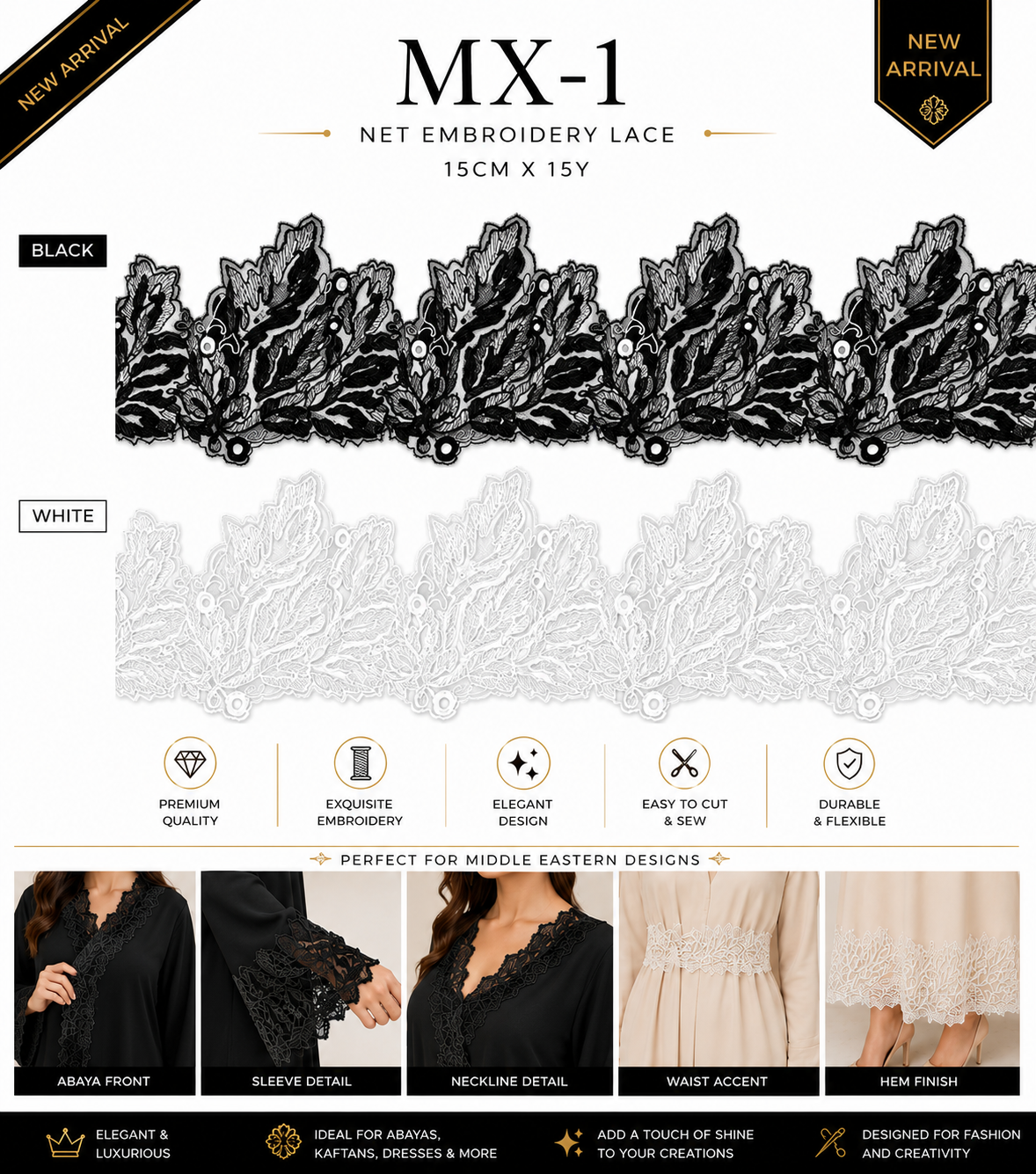 Luxury Net Embroidery Lace Trim 15cm x 15 Yards | Floral Leaf Design – MX-1