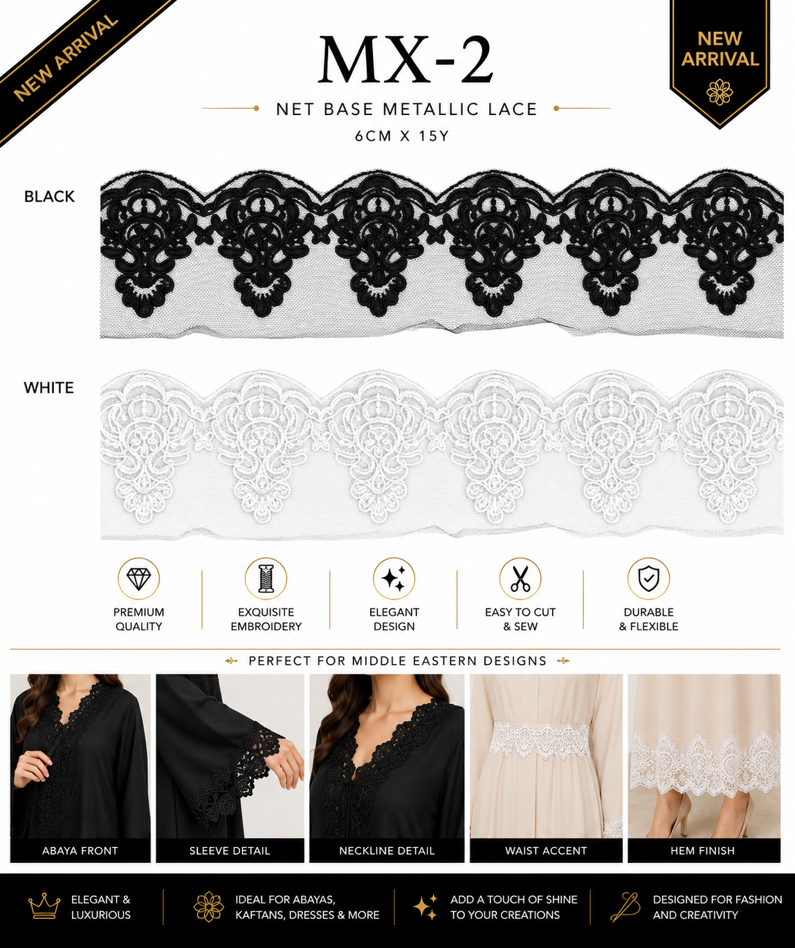 Luxury Net Base Metallic Lace Trim 6cm x 15 Yards | Elegant Embroidery Design – MX-2