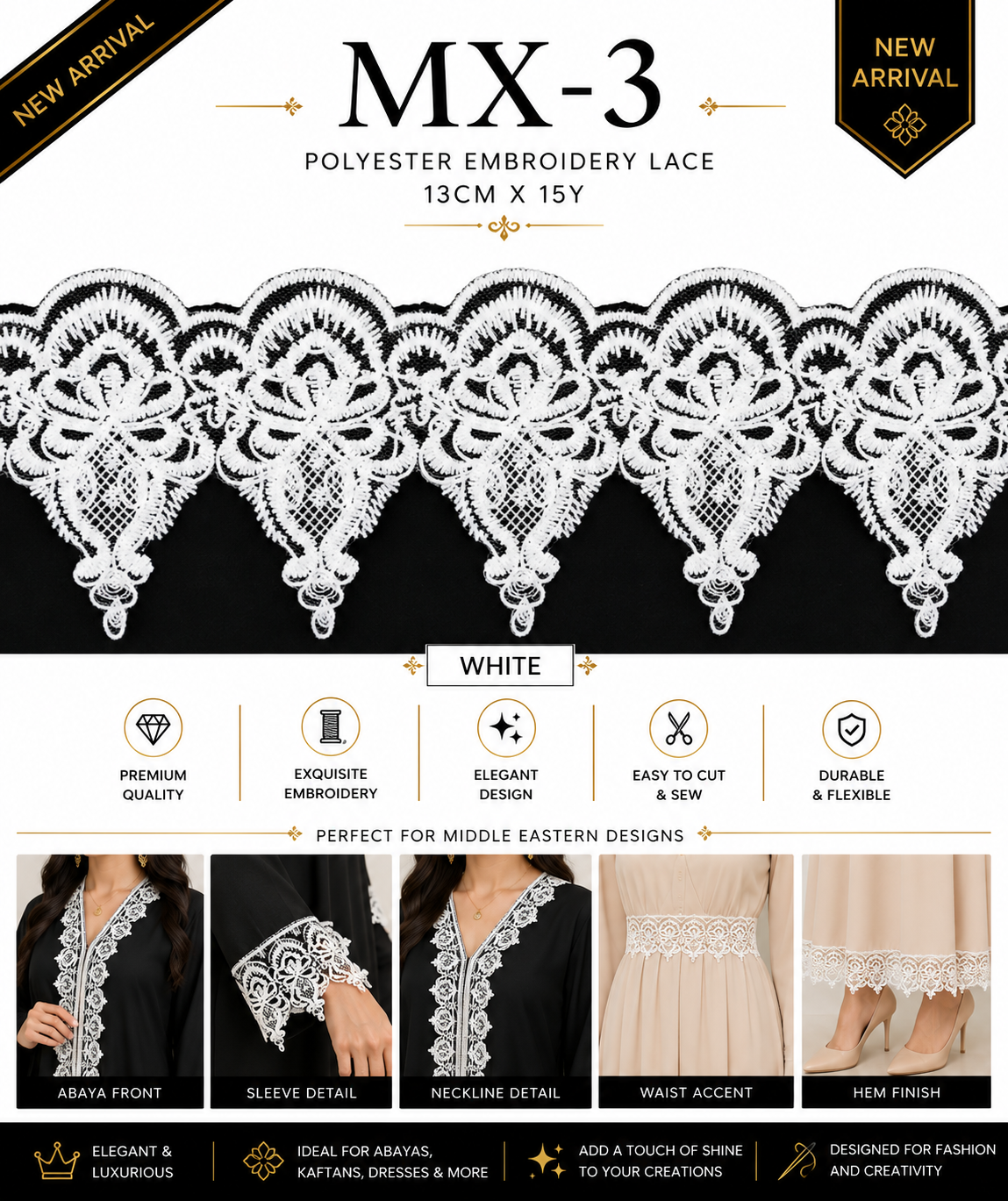 Luxury Polyester Embroidery Lace Trim 13cm x 15 Yards | Elegant Floral Design – MX-3