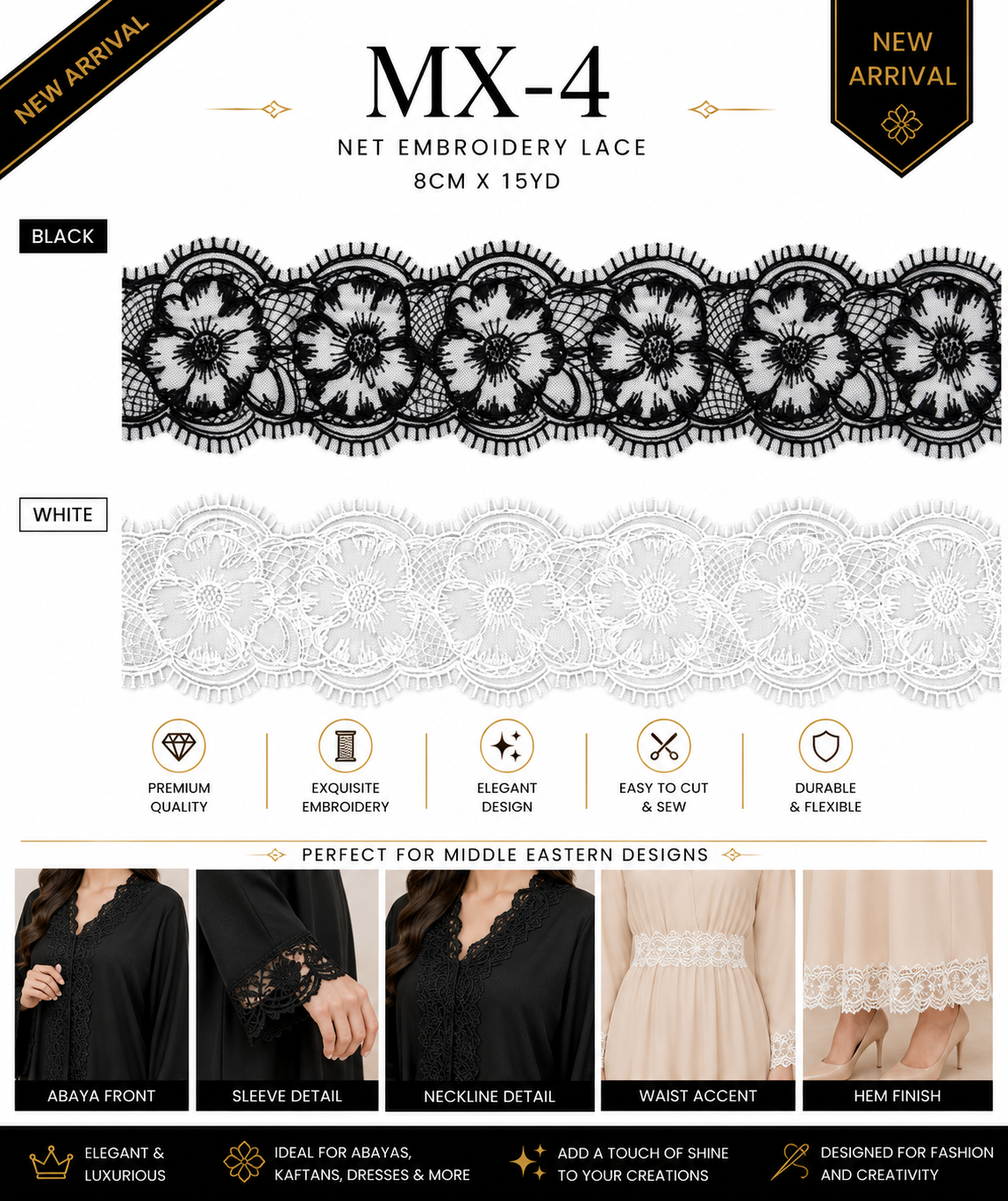 Luxury Net Embroidery Lace Trim 8cm x 15 Yards | Elegant Floral Design – MX-4