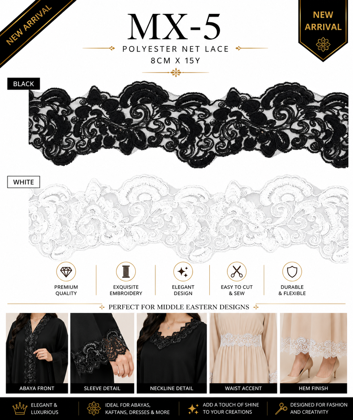 Luxury Polyester Net Lace Trim 8cm x 15 Yards | Elegant Floral Embroidery Design – MX-5