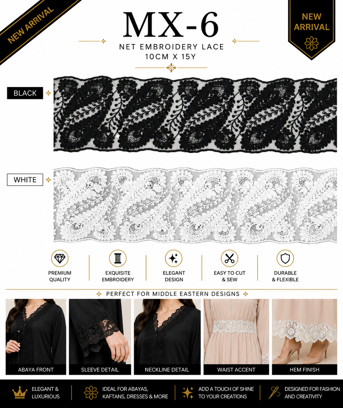 Luxury Net Embroidery Lace Trim 10cm x 15 Yards | Elegant Floral Vine Design – MX-6