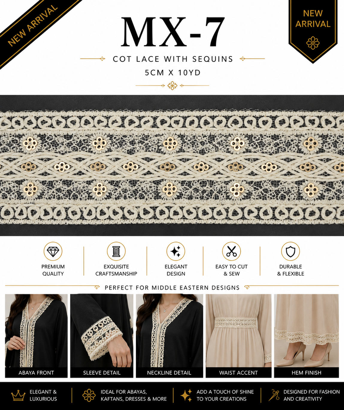 MX-7 Cotton Lace Trim with Sequins – 5CM x 10Y Decorative Embroidery Lace for Abayas, Kaftans & Dresses