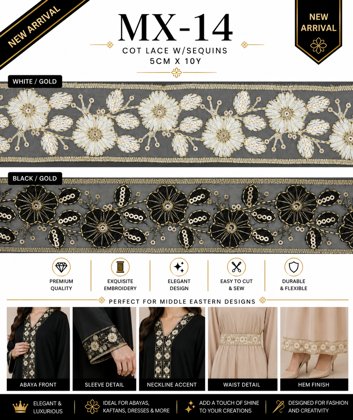 MX-14 Cotton Lace with Sequins Trim – 5CM x 10Y