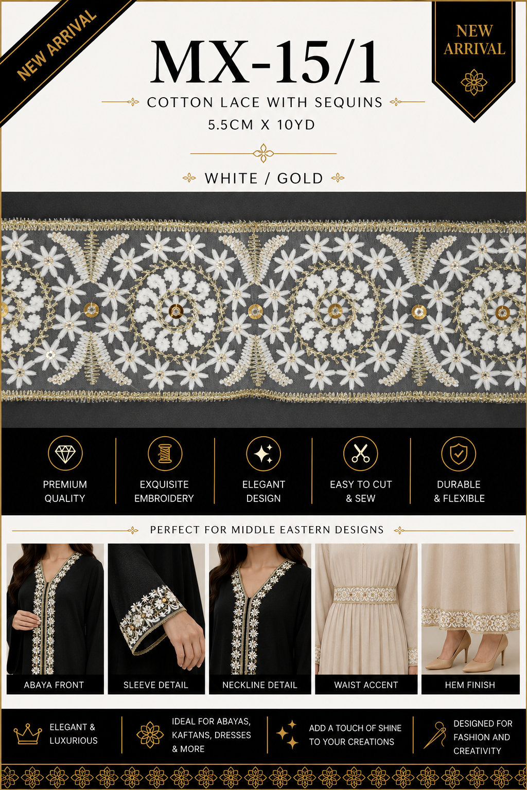MX-15/1 Floral Cotton Lace Trim with Gold Sequins – 5.5CM