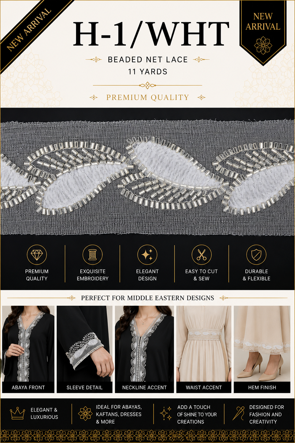 H-1/WHT Beaded Net Lace Trim