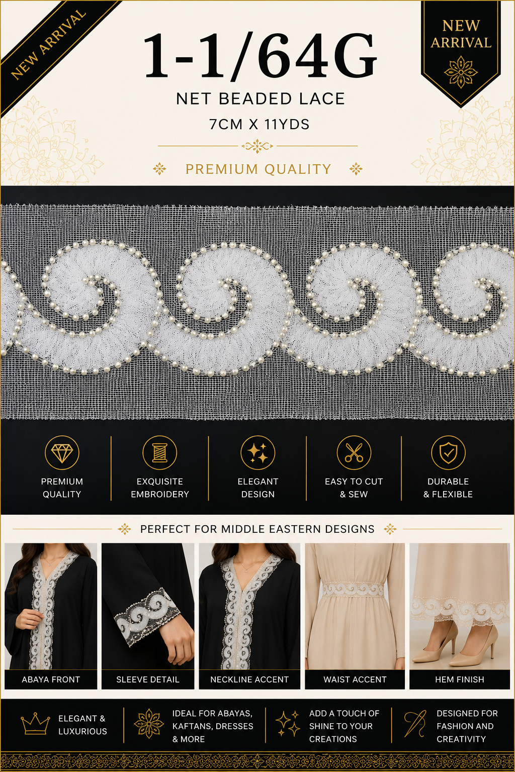 1-1/64G Premium Net Beaded Lace Trim – 7CM x 11Y