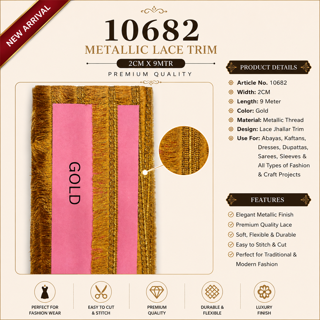 Premium Metallic Jhallar Lace Trim – 3CM x 18M (10682)