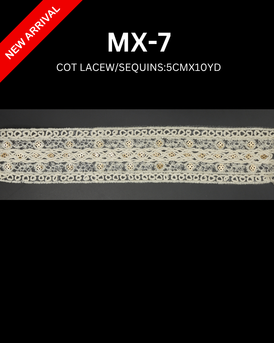 MX-7 Cotton Lace Trim with Sequins – 5CM x 10Y Decorative Embroidery Lace for Abayas, Kaftans & Dresses