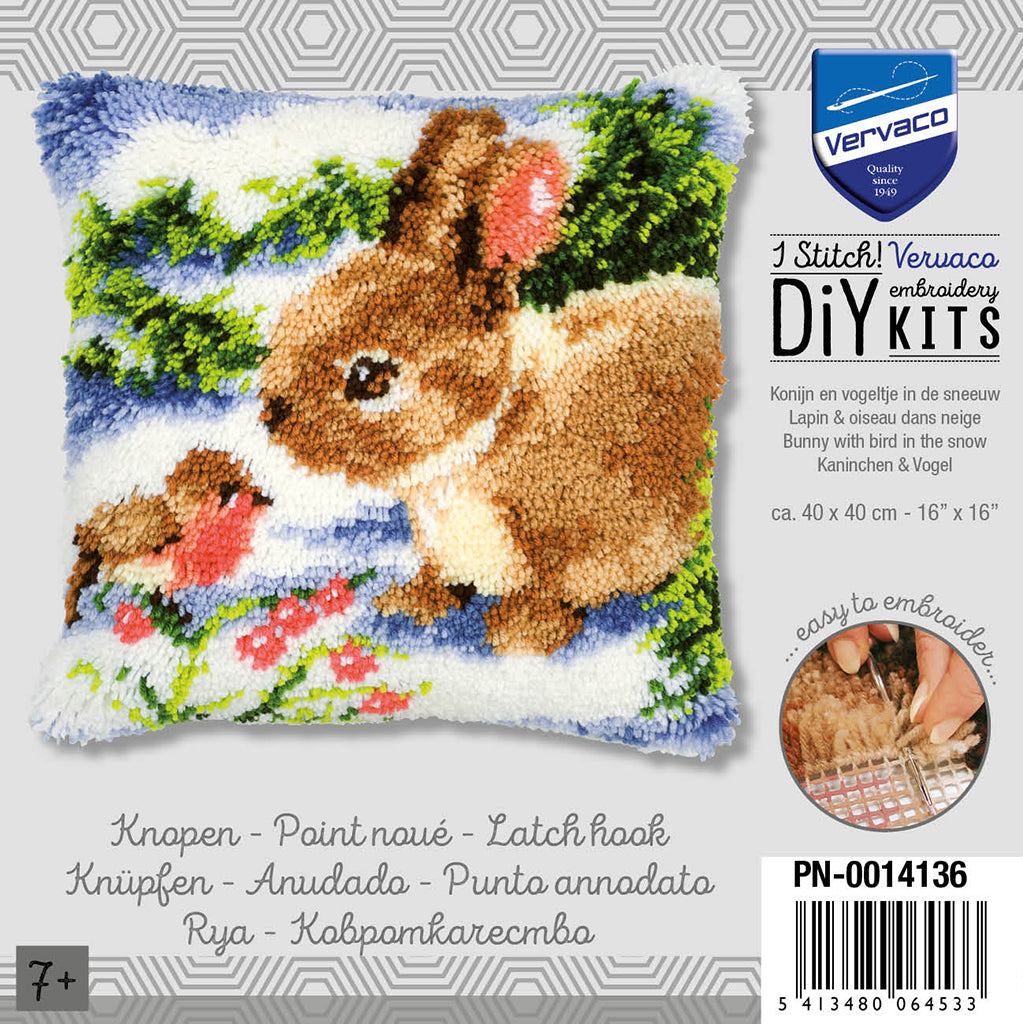 VERVACO LATCH HOOK CUSHION – BUNNY W/BIRD IN THE SNOW (PN-0014136)