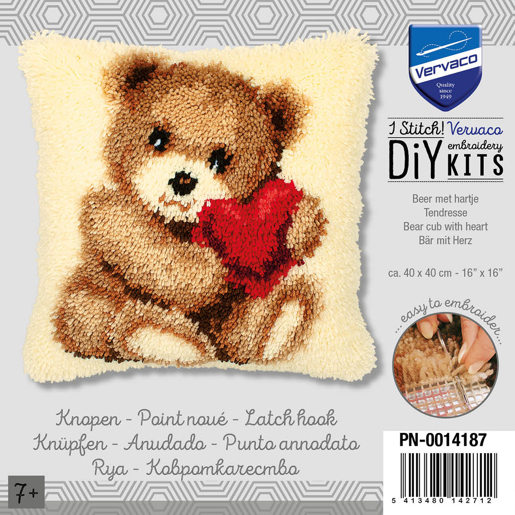 VERVACO LATCH HOOK CUSHION – BEAR CUB W/HEART (PN-0014187)