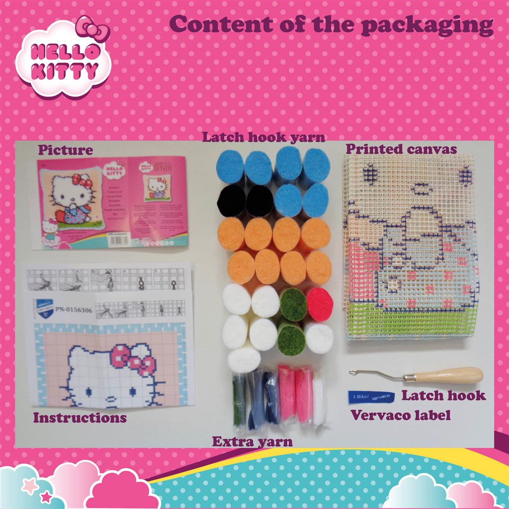 VERVACO LATCH HOOK CUSHION – HELLO KITTY ON THE GRASS (PN-0156306)