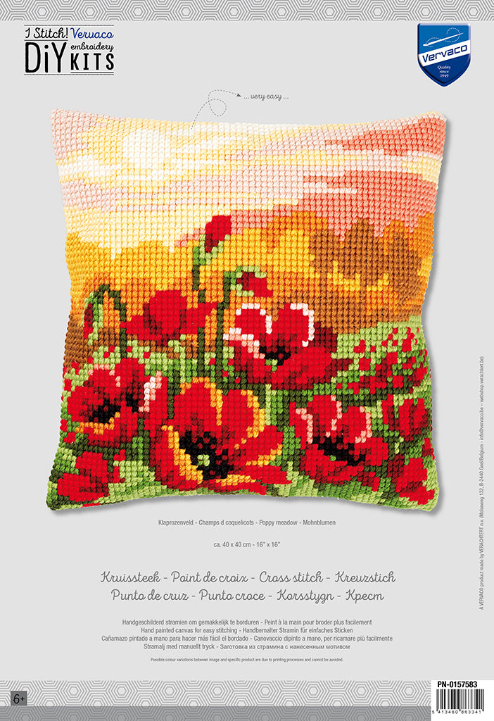 VERVACO CROSS STITCH CUSHION KIT POPPY MEADOW (PN-0157583)