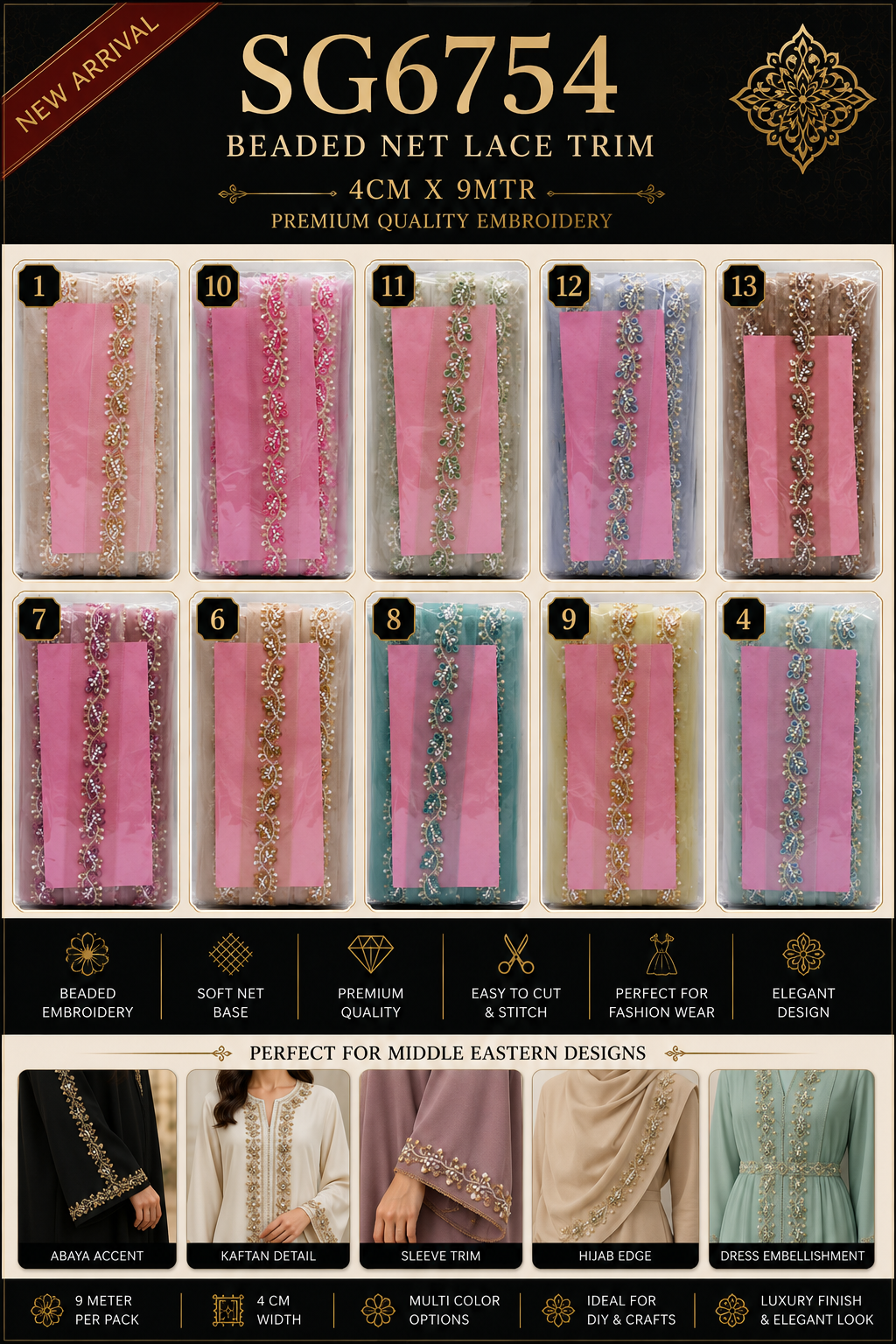 Beaded Net Lace Trim – 4CM x 9M SG 6754