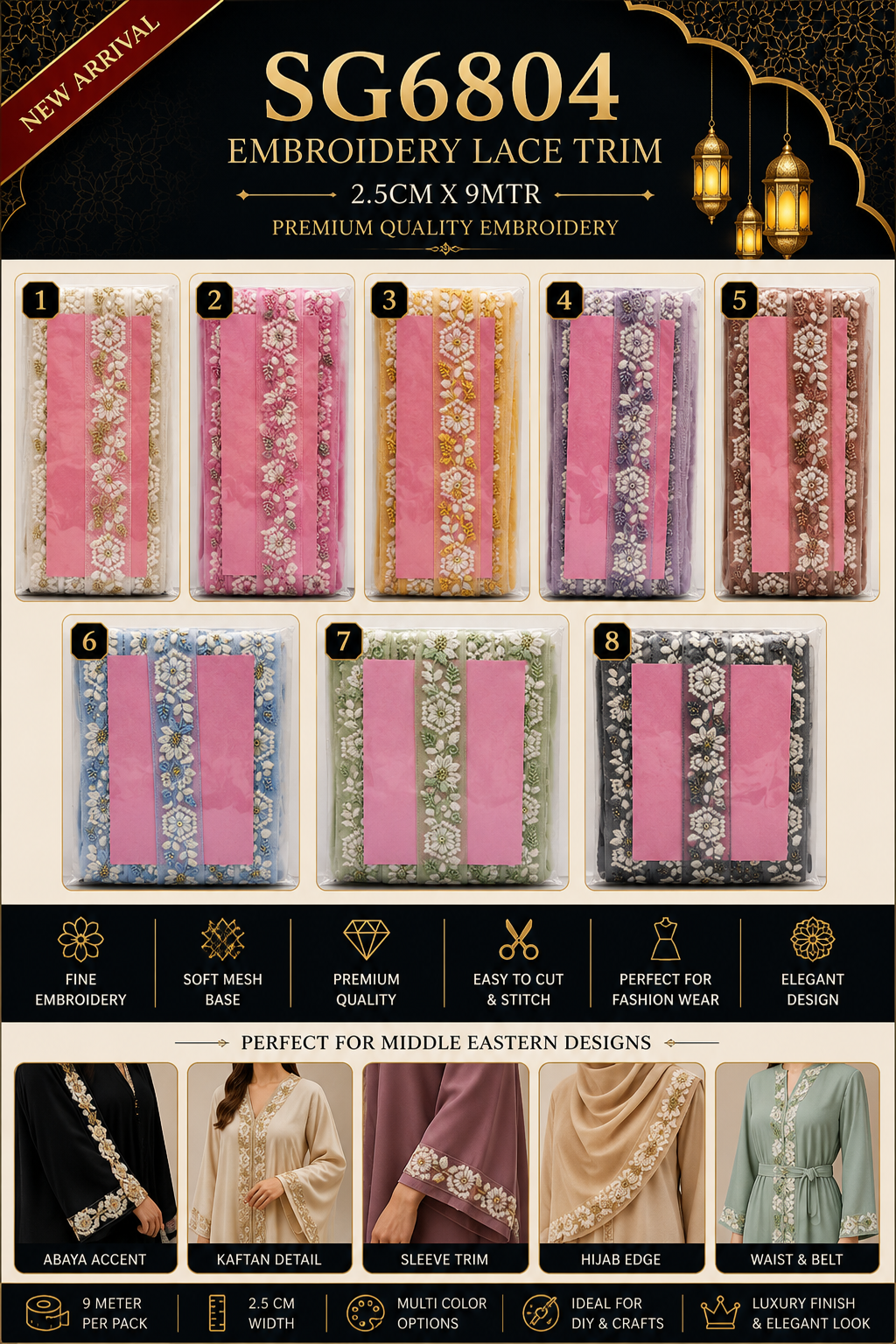 Premium Floral Embroidery Lace Trim – 2.5CM x 9M SG 6804 (SG6804)